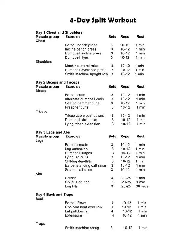 the 4 - day split workout plan is shown in black and white, with instructions for each