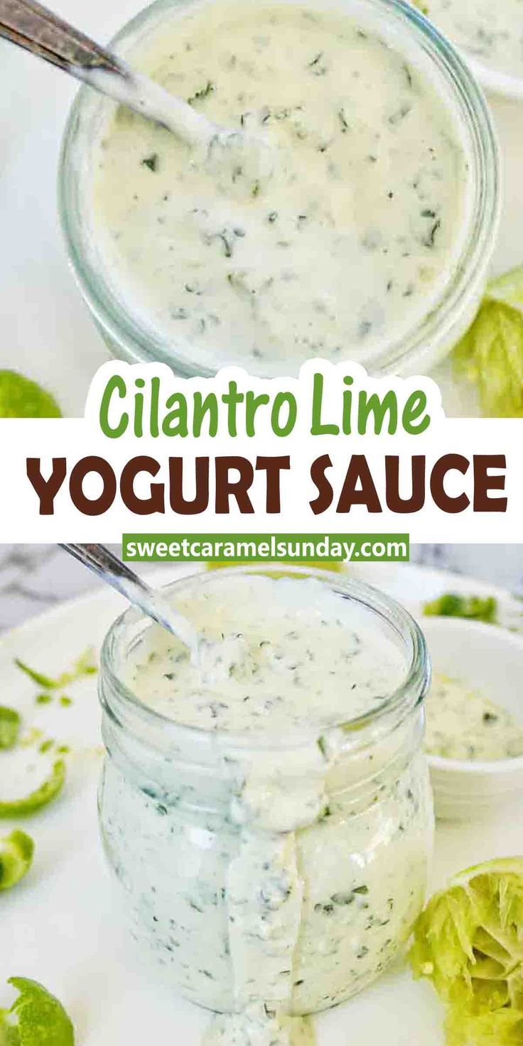 a jar filled with cilantro lime yogurt sauce on top of a white plate