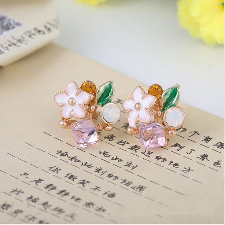 Grace Jun High Quality Square Crystal Enamel  Flower  Clip on Earrings Without Piercing for Girls Earrings Without Piercing, Square Crystal, Flower Clip, Enamel Flower, Girls Party, Accessories Earrings, Clip On, Clip On Earrings, Floral Rings