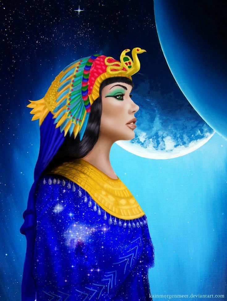 an egyptian woman wearing a headdress in front of a moon and stars sky