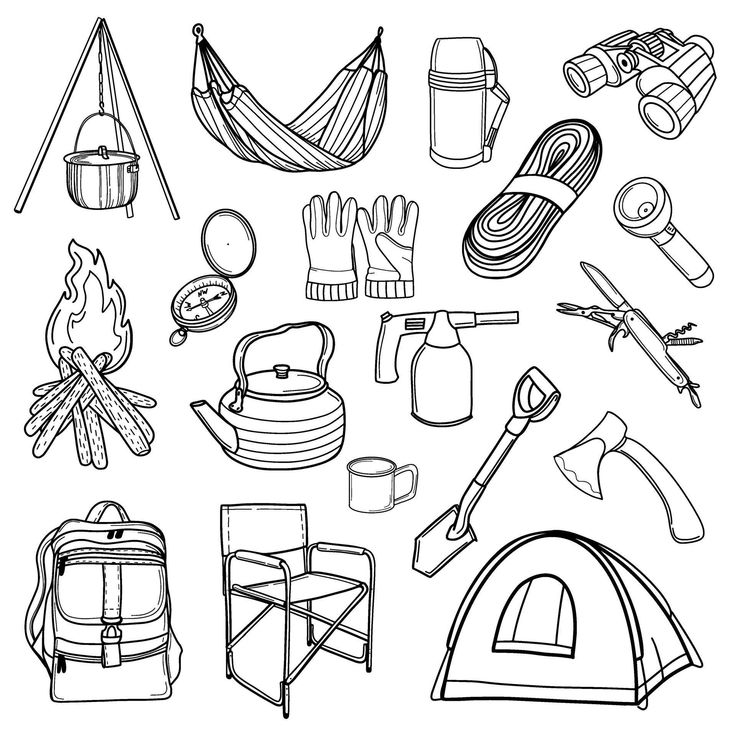 an image of various camping items drawn in black and white