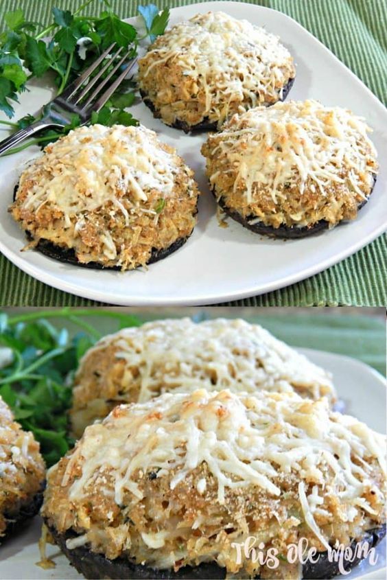 an image of baked stuffed mushrooms with cheese on top and parmesan cheese on the bottom