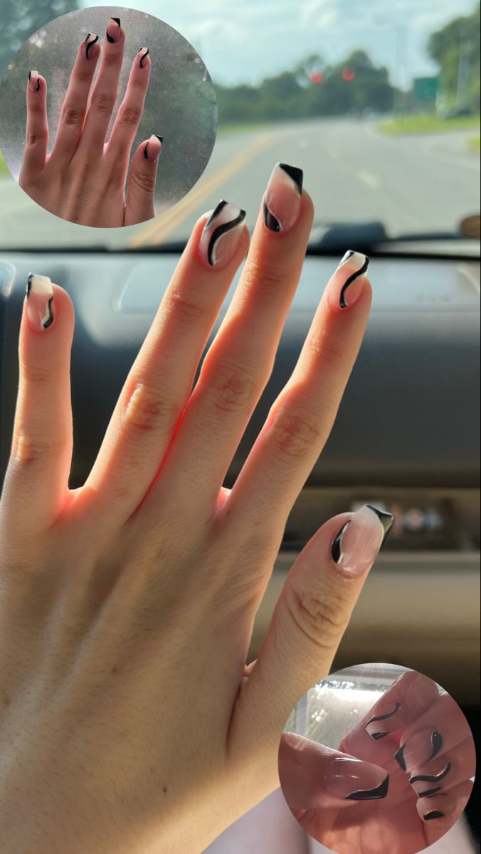 Black Nails Formal, Nail Art Designs Short Nails Black White, Black And White Graduation Nails, Black Wedding Nails Bridesmaid, Easy Black Nails, Hoco Nails For Black Dress, Nails For Black Prom Dress, Black White Silver Nails, Black White And Silver Nails