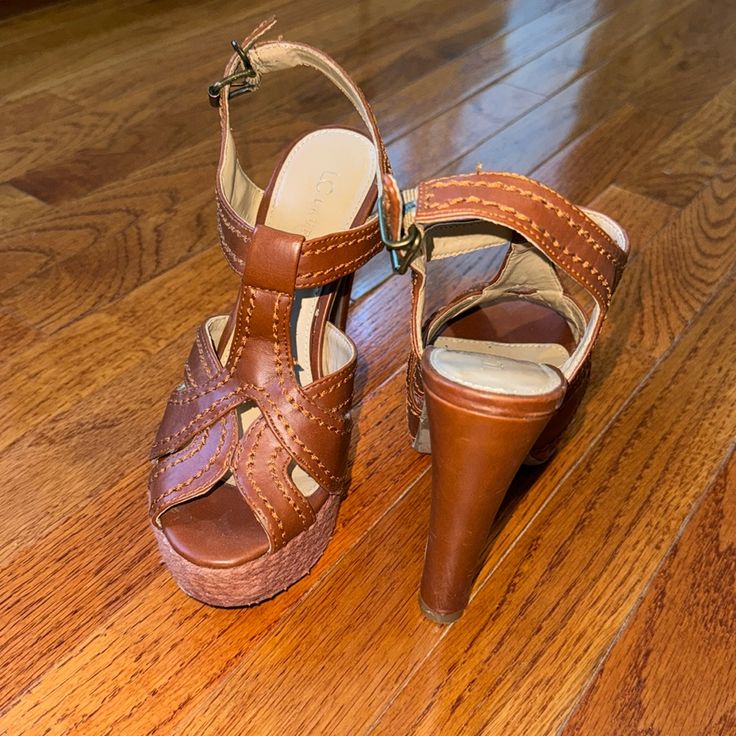 Never Worn, Brand New Beach Sandals With 4-inch Heel And Round Toe, Brown Sandals With 4-inch Heel For Beach, Brown 4-inch Heel Sandals For Beach, Brown Heels With 4-inch Heel For Beach, Brown 4-inch Heel Summer Heels, Leather Sandals With 4-inch Heel For Beach, Chic Brown Heels With Cushioned Footbed, Brown High Heel Shoes With Cushioned Footbed, Lc Lauren Conrad