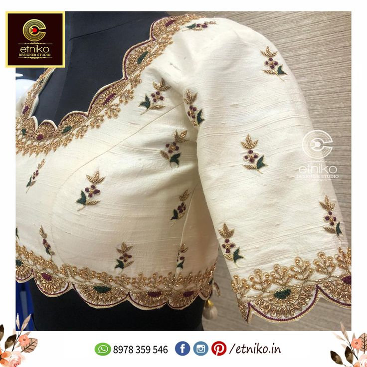 For queries or orders please call or whatsapp us on +91-8978359546 Cream Blouse Work Design, Red Blouse Design, Maggam Blouses, Gold Saree, Embroidered Blouses, Maggam Blouse, Blouse Works, Blouse Designs High Neck, Blouse Designs Catalogue