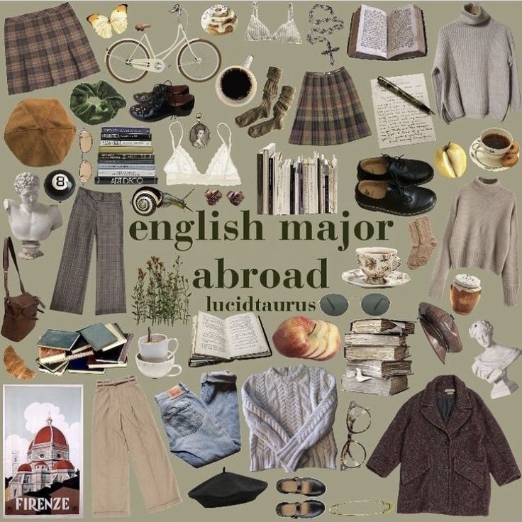 a collage of clothing, books and other items