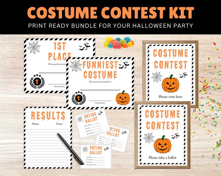 printable halloween costume contest kit with pumpkins, candy and candies on the table