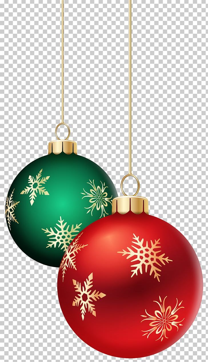 two red and green christmas ornaments hanging from gold wire, with snowflakes on them