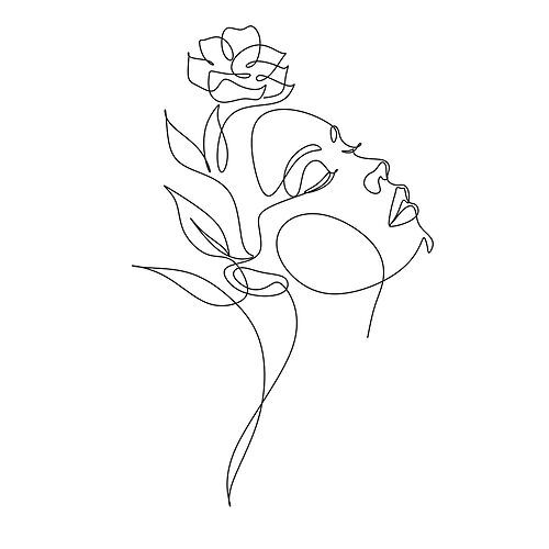 a line drawing of a woman's face with flowers in her hair and eyes closed