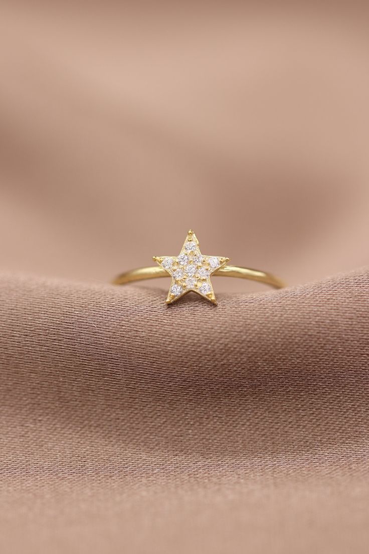 "14k & 18k Gold Star Diamond Ring / Handmade Star Diamond Ring / Star Diamond Ring Available in Gold, Rose and White Gold ❥ ITEM DETAILS ---> Gold Color of Choice : Yellow Gold, Rose Gold, White Gold ---> Material : 14k ( 585 ) or 18k ( 750 ) Real Gold. It is Not Gold Filled or Gold Plated ---> Made to order ---> Band Thickness : 1.20 mm ---> Band Width : 1.20 mm ---> Star Face Size: 8 mm ---> Number of Diamond: 11 ---> Diamond Clarity: H Color SI/SI1 Clarity ---> Fine Jewelry Star-shaped Ring For Gift, Fine Jewelry Star Shaped Rings For Gifts, Fine Jewelry Star-shaped Diamond Ring For Gifts, 14k Gold Star-shaped Ring For Gift, Gold Star-shaped Diamond Ring For Gift, Star-shaped Yellow Gold Rings As Gifts, Star-shaped Diamond Ring Gift, 14k Gold Star-shaped Diamond Ring, Star Diamond Ring