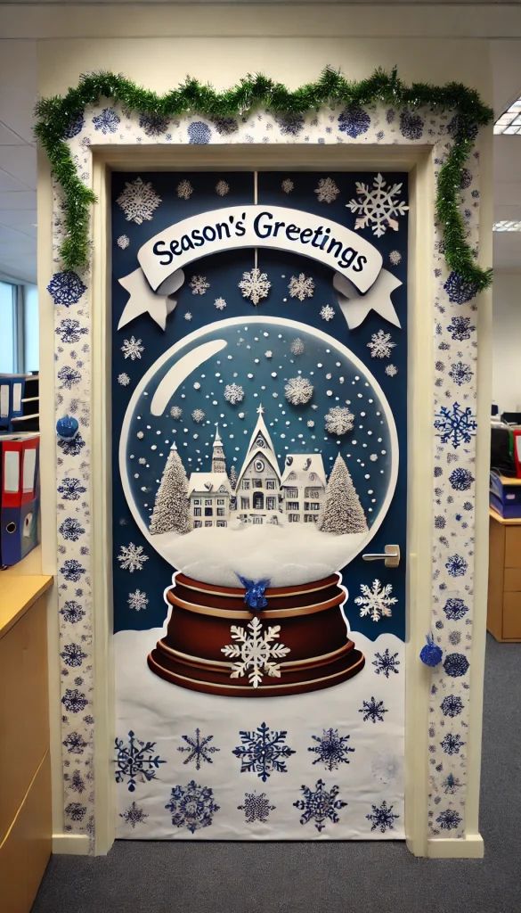 an office door decorated with snow and christmas decorations