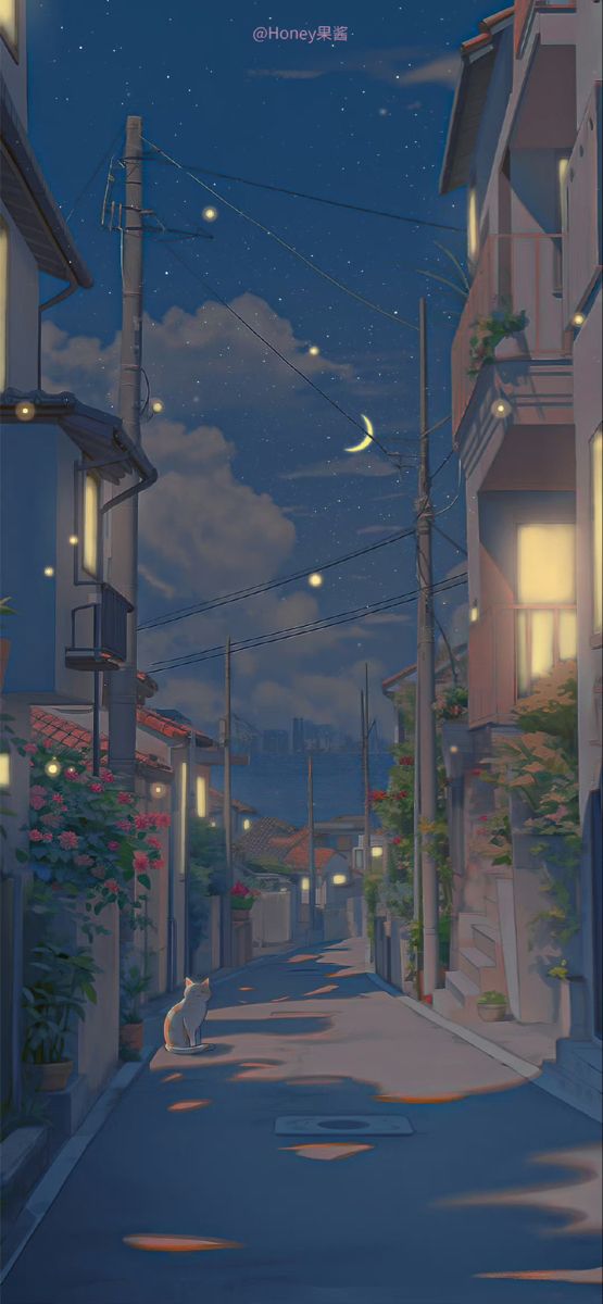 an animated city street at night with the moon in the sky and buildings on both sides