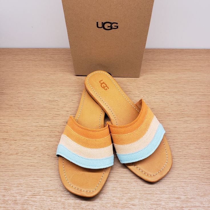 New Ugg Sandals Slides Women Ximena Leather Flip Flop Size 7 May Show Minor Wear From Trying On Mks3498 Orange Round Toe Slides For Summer, Orange Slides For Summer Beach Days, Orange Slides For Summer Beach, Orange Slides For Beach In Summer, Orange Open Toe Sandals With Cushioned Footbed, Orange Cushioned Slip-on Sandals, Orange Slide Sandals For Summer, Orange Slip-on Slides For Vacation, Orange Adjustable Slip-on Sandals