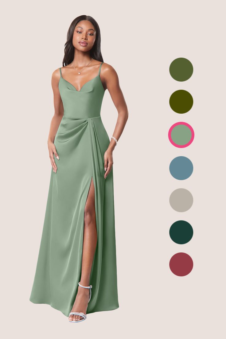 Make your bridesmaids stand out in all the right ways while they are wearing our stretch satin A-line dress, Brielle. Her cowl neckline is held with adjustable spaghetti straps that connect at the open back. The skirt has delicate pleating detail that not only hides a leg slit but flows beautifully with every step. As a bonus we’ve added pockets! Olive Bridesmaid Dresses, Satin Mermaid Dress, Stretch Satin Dress, Stunning Bridesmaid Dresses, Floor Length Chiffon Bridesmaid Dresses, Mermaid Bridesmaid Dresses, Azazie Bridesmaid Dresses, Satin Bridesmaid Dresses, Floor Length Dresses