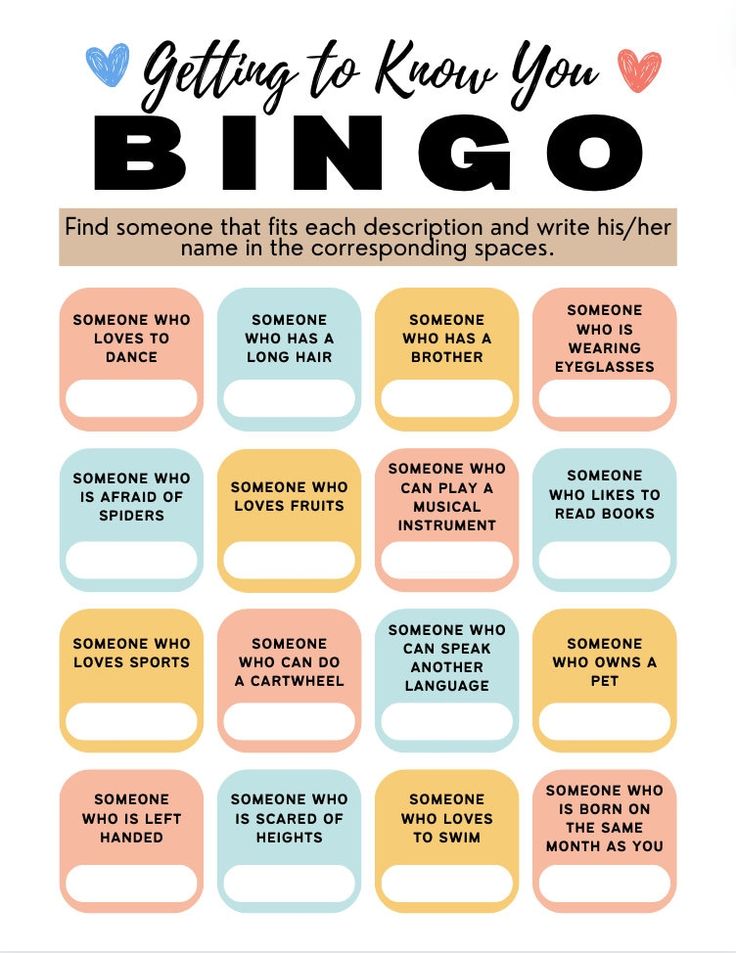 a poster with the words getting to know you bingo on it, and some other things