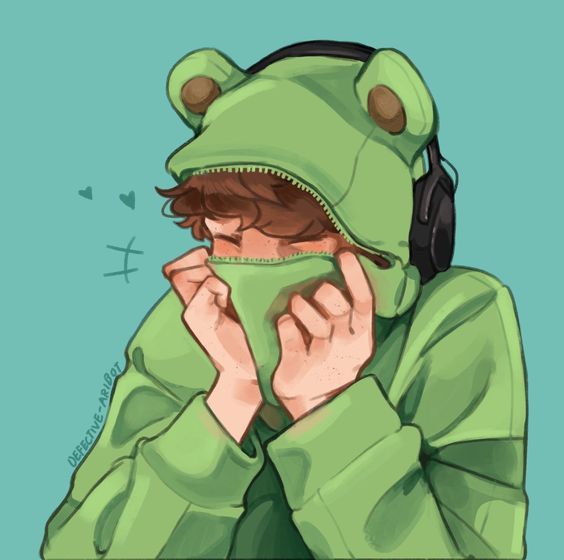 a person in a frog costume with headphones covering their face and looking at the camera