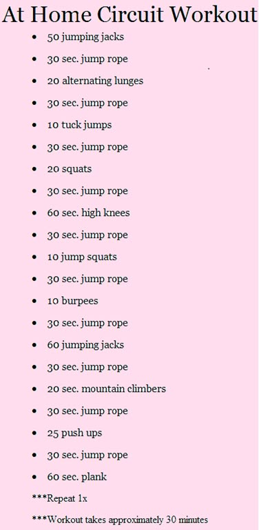 a pink poster with the words at home circuit workout