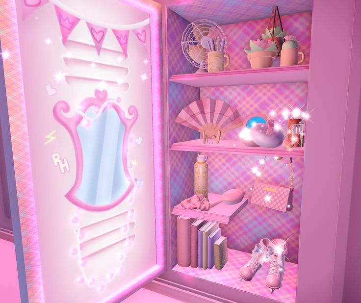 a pink doll's closet is filled with toys and accessories, including bookshelves