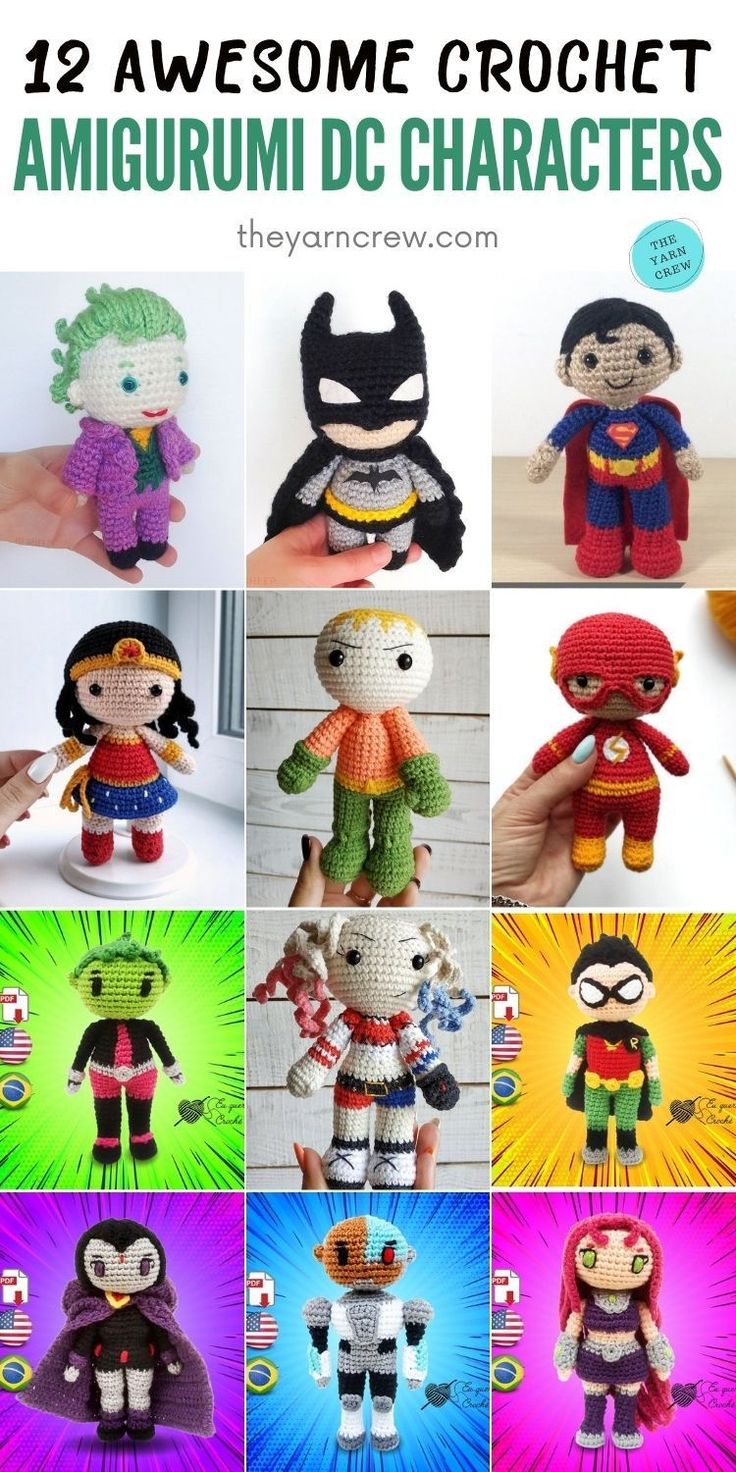 twelve crochet amigurmi dc characters are featured in this collage with text overlay