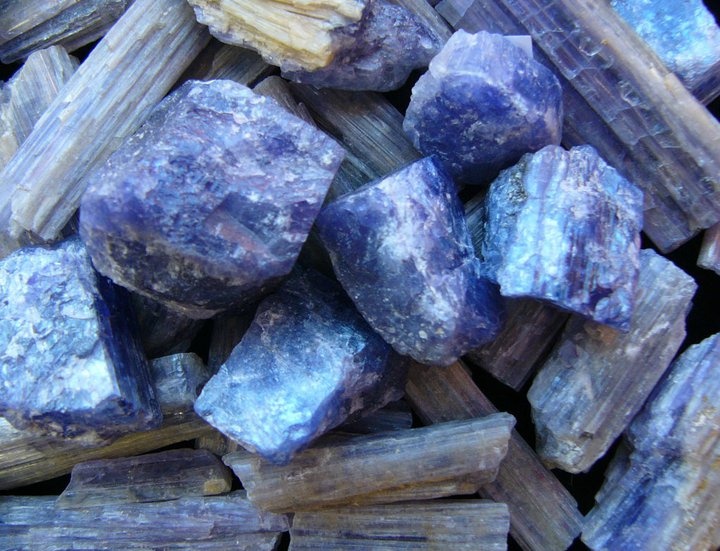 some blue rocks and wood sticks are on the ground with it's light purple color