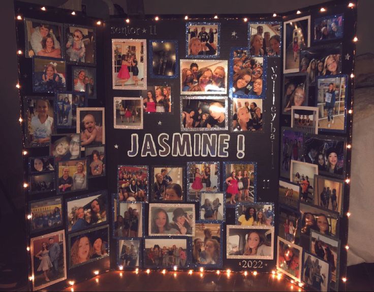 a collage of photos is displayed on a wall with lights and string lights around it