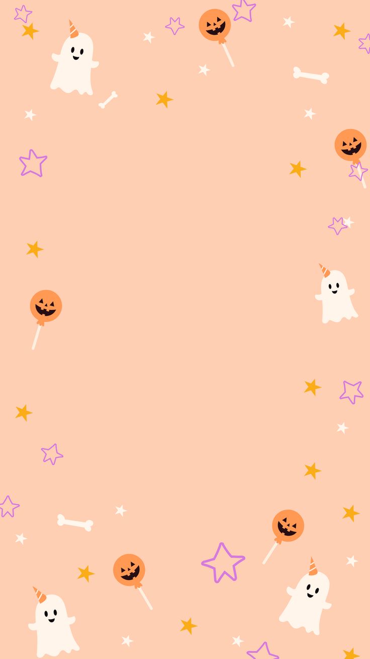 a pink background with stars and pumpkins in the shape of ghostes on them