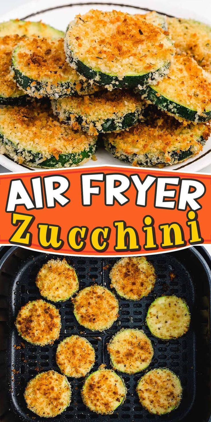 an air fryer with zucchini in it and the words air fryer zucchini on top