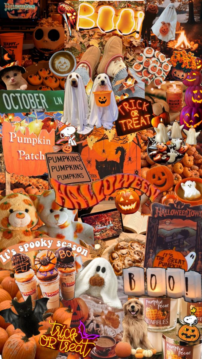 a collage of halloween items including pumpkins, jack - o'- lanterns and other decorations