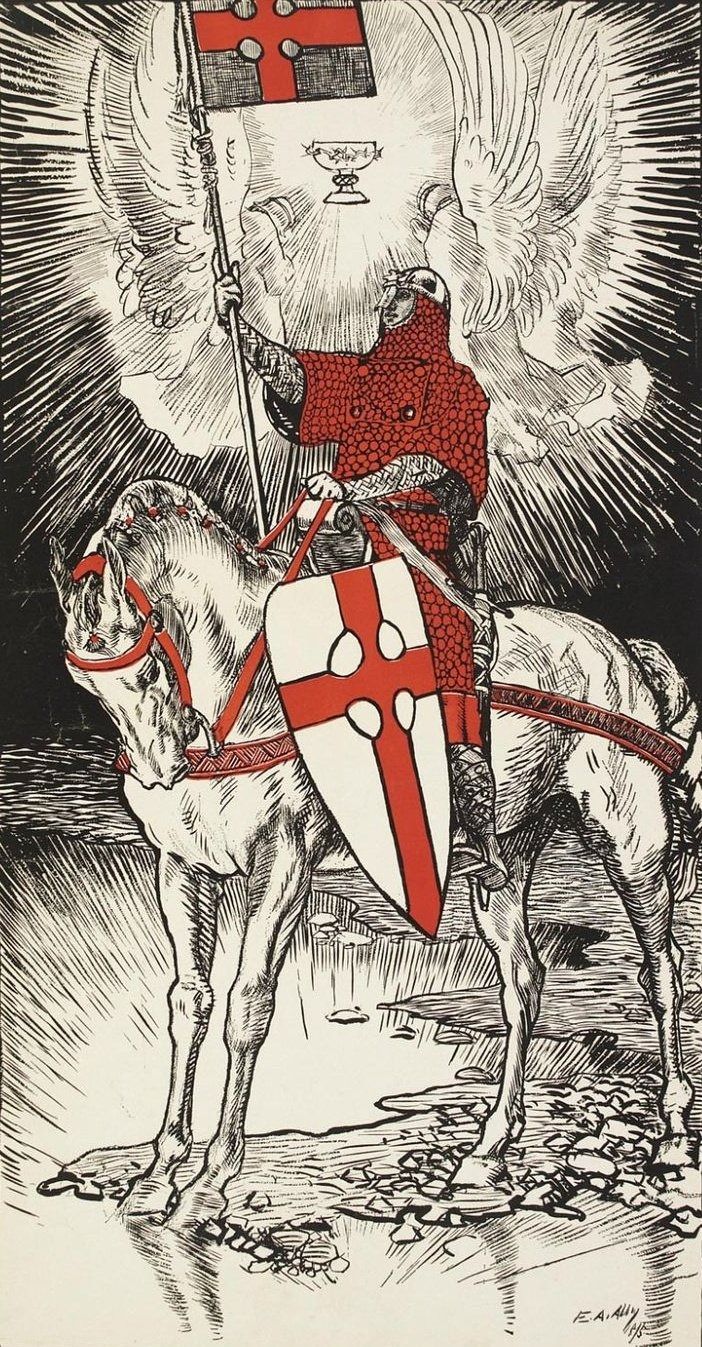 a drawing of a knight on horseback holding a flag