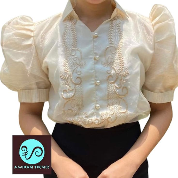 Filipiniana Ladies Barong With Puffy Sleeves philippine Sized - Etsy Debut Court, Barong Filipiniana, Lady Barong, Philippine Costume, Barong Dress, Barong Tagalog, Modern Filipiniana, Filipiniana Dress, Philippines Culture