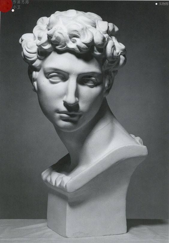 a black and white photo of a bust of a man with flowers in his hair