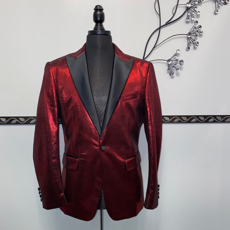 This Blazer Features A Beautiful Metallic Red Finish, 65% Polyester 35% Cotton Fabric, With Front Pockets And Front Button Closure. Luxury Red Blazer For Formal Occasions, Red Luxury Blazer For Formal Occasions, Luxury Red Formal Blazer, Red Festive Semi-formal Blazer, Luxury Red Evening Suits, Luxury Red Blazer For Parties, Luxury Red Long Sleeve Suits, Luxury Red Suits For Winter, Red Fitted Holiday Suits