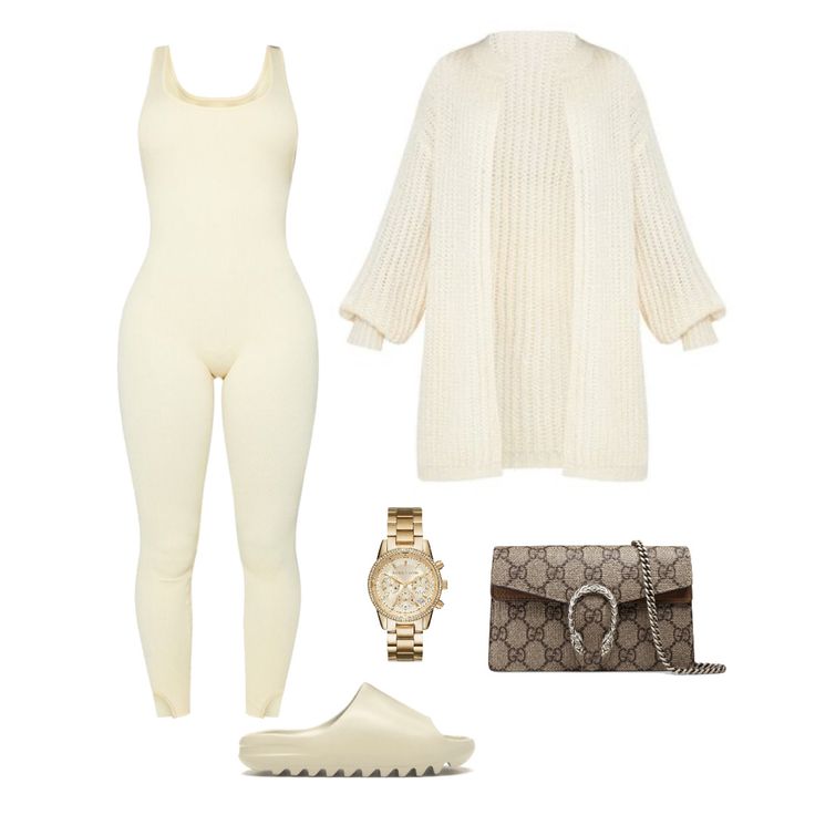 #outfit #outfitideas #outfitplan #jumpsuit #chunkyknit #gucci #yeezy #sliders #beigeaesthetic #beigetrends #beigeoutfit #beigelook Beige Jumpsuit Outfit, Jumpsuit Outfit Winter, Jumper Suit, Cream Jumpsuit, Beige Jumpsuit, Brown Jumpsuits, Fall School, Cute Outfits With Jeans, School Fit