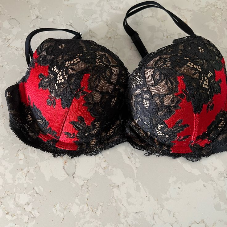 Worn Once. Red And Black Lace. Very Sexy Push Up. 34d. Red And Black Lingerie, Hollywood Story, Victoria Secret Bras, Body Skin Care Routine, Body Skin, Victoria’s Secret, Black Lace, Clothing And Shoes, Lingerie