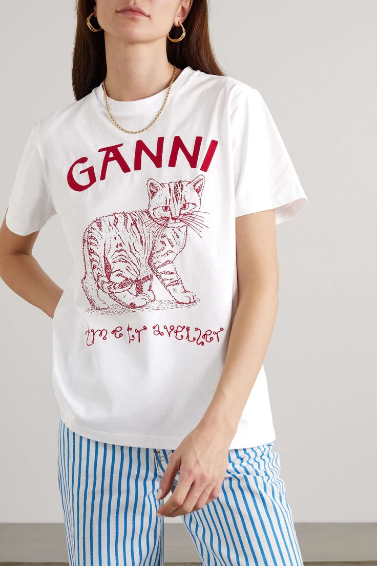 My Account | NET‑A‑PORTER Ganni T Shirt, T Shirt Outfit, Turtleneck T Shirt, Fashion Sale, Cat Print, Jersey T Shirt, Printed Blouse, Net A Porter, Bright White