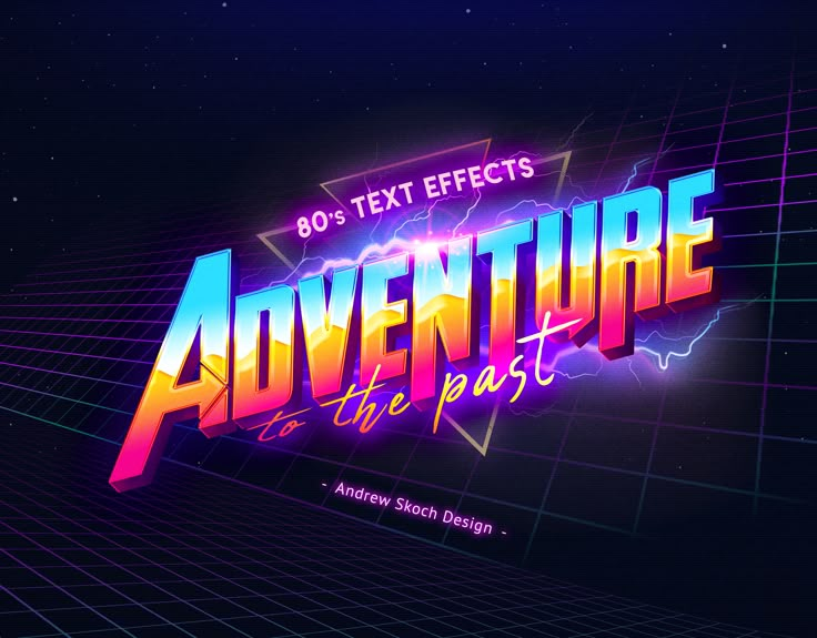 the 80s text effects adventure to the past is displayed on an abstract background with neon colors