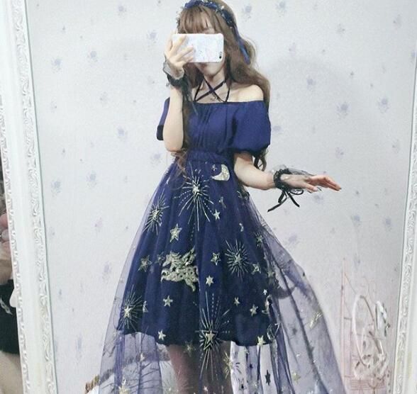 Galaxy Dress, Space Dress, Estilo Harajuku, Victorian Pattern, Harajuku Fashion Street, Net Dress, Princess Skirt, Pattern Dress, Star Sky