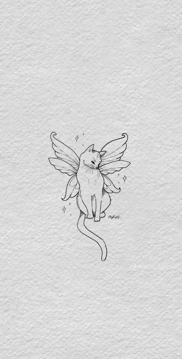 a black and white drawing of a cat with angel wings on it's back