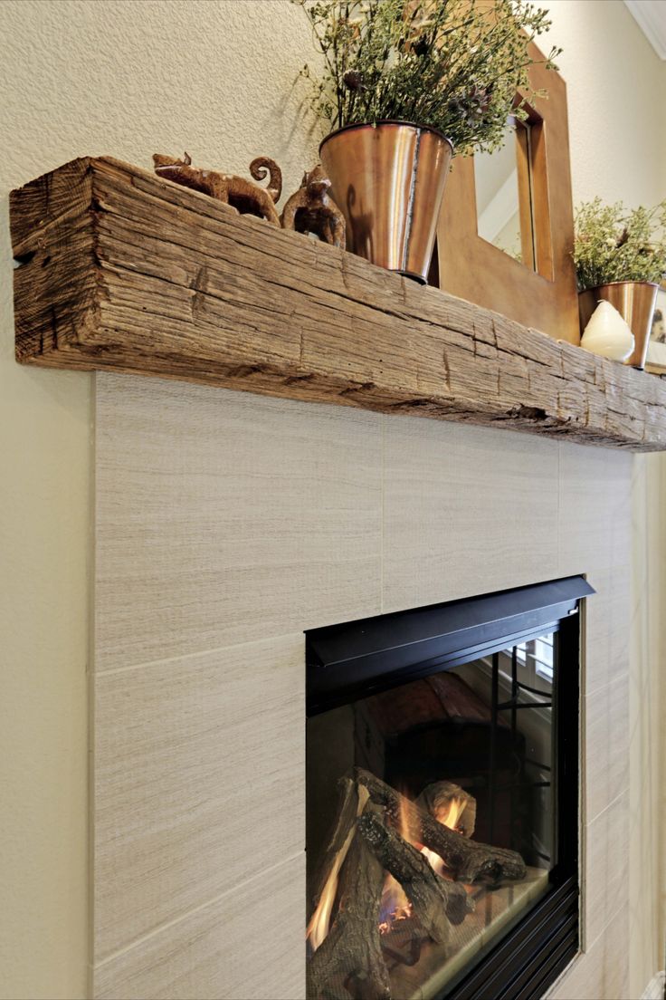 a fireplace with some potted plants on the mantle