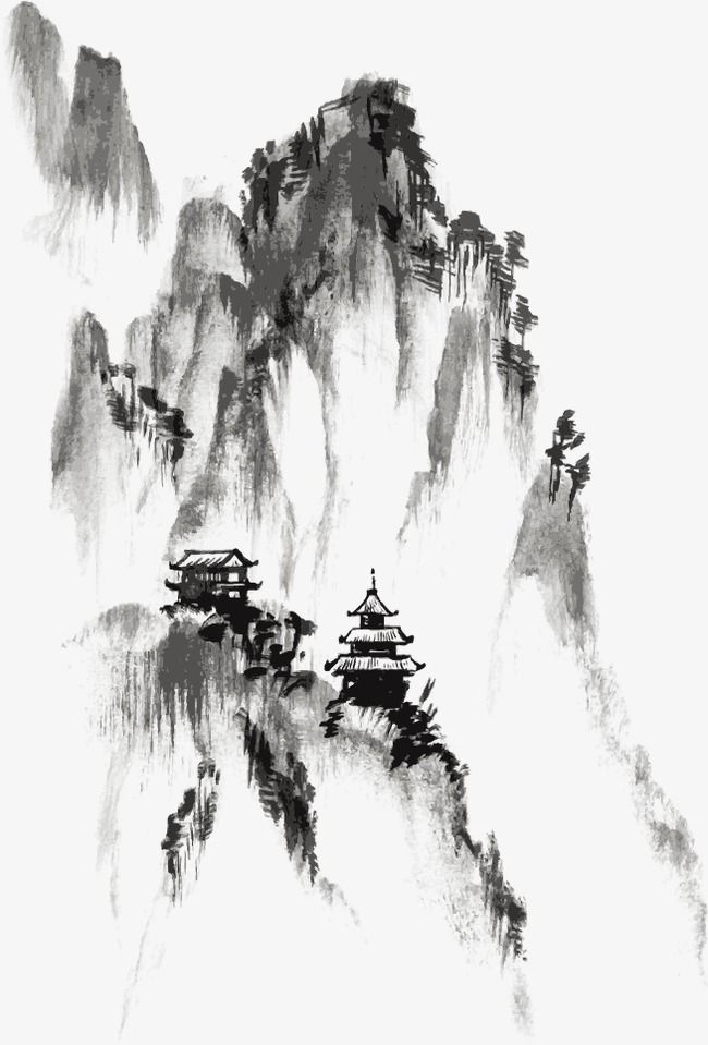 black and white ink painting of mountains with pagodas on the top, surrounded by clouds