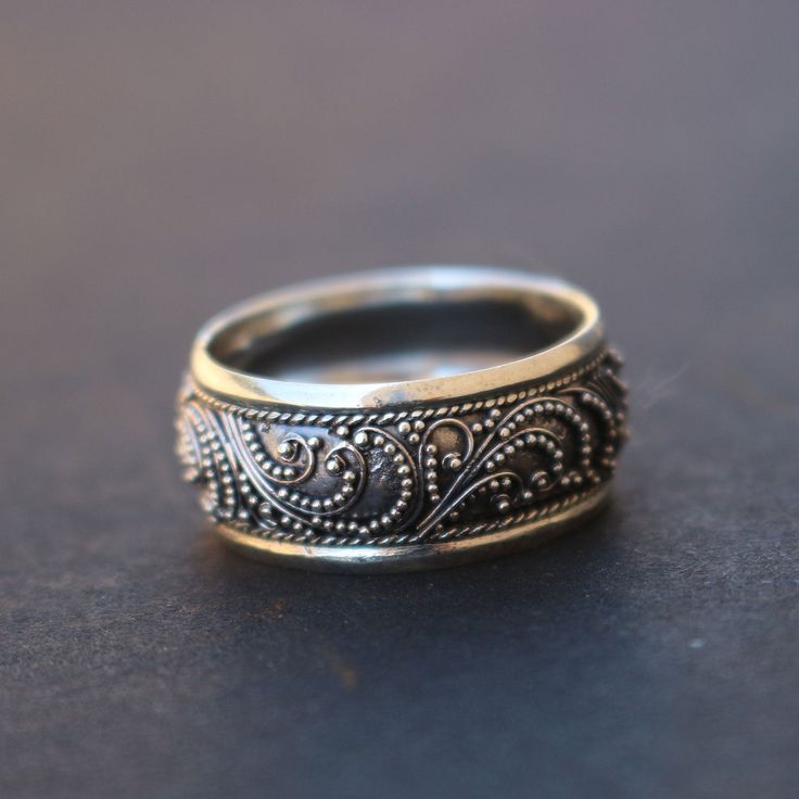 Filigree Sterling Silver Ring | Trendivine Engraved Sterling Silver Rings Fine Jewelry, Elegant Engraved Sterling Silver Ring, Elegant Etched Engraved Ring, Elegant Engraved Etched Ring, Sterling Silver Jewelry With Intricate Wide Band, Sterling Silver Wide Band Jewelry With Intricate Design, Traditional Silver Wide Band Jewelry, Heirloom Sterling Silver Ring Jewelry, Elegant Etched Filigree Ring For Anniversary