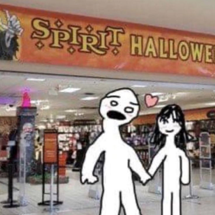 two cartoon figures holding hands in front of a storefront with the words spirit halloween on it