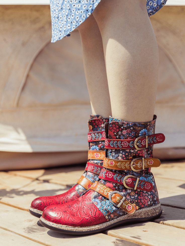 Red Red Leather Ankle Martin Boots, Multicolor Leather Ankle Moto Boots, Multicolor Leather Moto Ankle Boots, Multicolor Leather Moto Boots For Fall, Red Leather Boots With Buckle Closure, Hand Painted Boots, Reindeer Headband, Unique Clothing, Hot Shoes