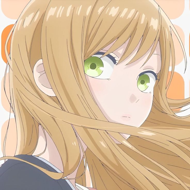 an anime character with long blonde hair and green eyes