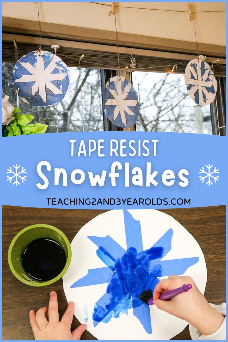 kids are making snowflakes out of paper and glue on a plate with the words tape resist