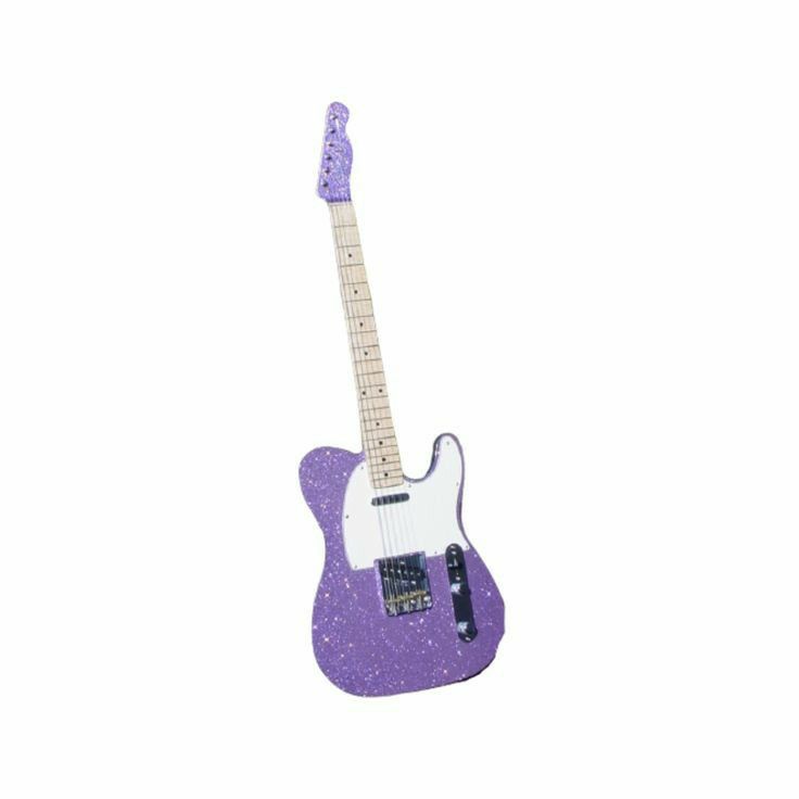 a purple and white guitar ornament with glitter on it's body is shown