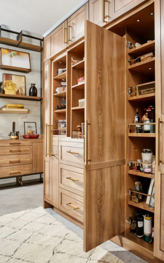 an open wooden cabinet in a room with white carpeting and walls that have pictures on the wall