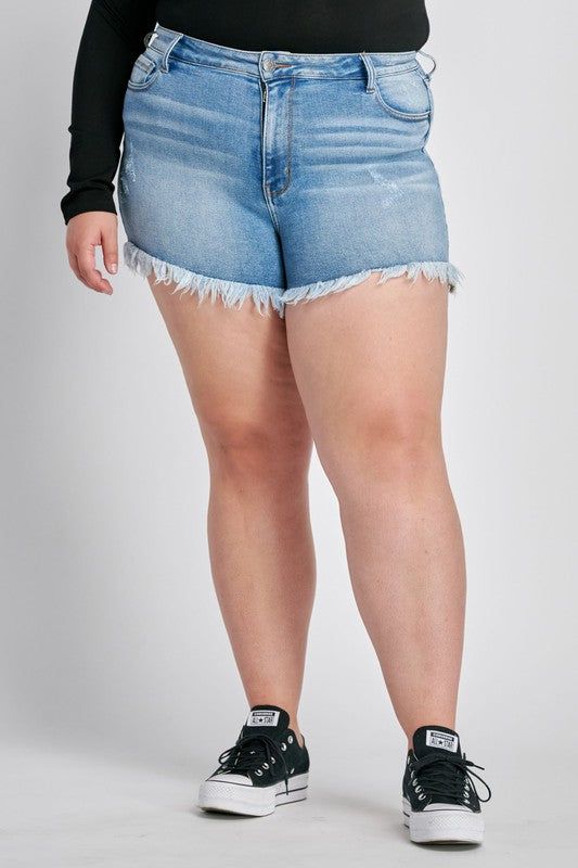 Feel comfortable and stylish all summer long in The Harlow High Rise Denim Shorts Extended! These shorts have it all - comfort stretch, a frayed hem, light wash denim fabric, and a high rise fit that'll give your look some serious street cred. Let the fun begin! Model is 5'7 and wearing 1X Rise: 11.75" Inseam: 4.5" 94% Cotton, 4% Polyester, 2% Spandex Mid-rise Light Wash Shorts With Frayed Hem, Short Leg Bottoms With Frayed Hem In Medium Wash, Medium Wash Short Leg Bottoms With Frayed Hem, Medium Wash Bottoms With Frayed Hem And Short Leg, Casual Stretch Jean Shorts With Frayed Hem, Stretch Cutoff Light Wash Jean Shorts, Light Wash Stretch Cutoff Jean Shorts, Stretch High-waisted Shorts With Frayed Hem, Light Wash Cutoff Bottoms With Frayed Hem