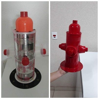 two pictures of a red fire hydrant and a hand holding it over the top