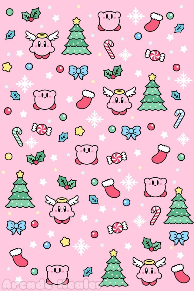 a pink background with many different types of christmas decorations and animals on it's side